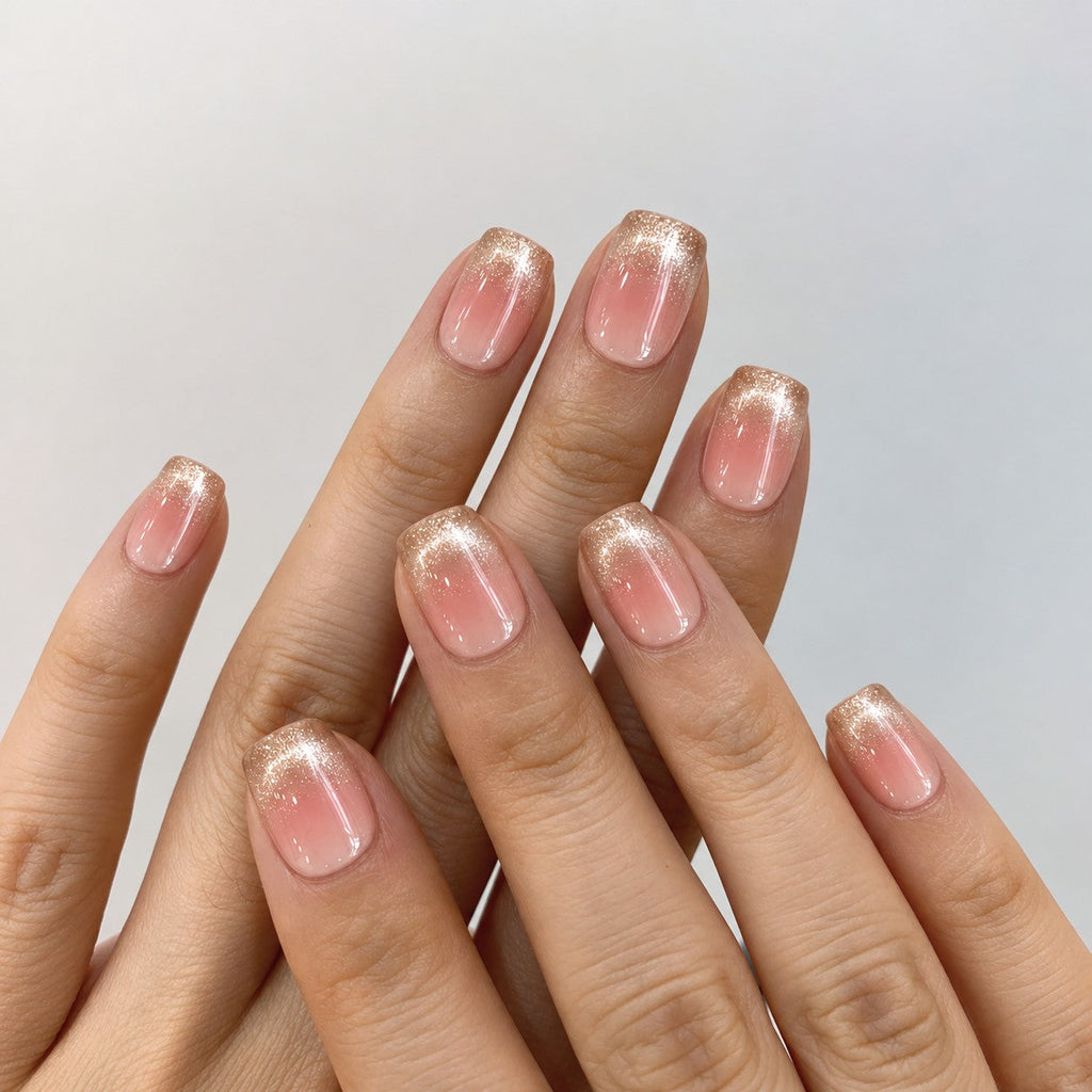 hand: Short square press-on nails with a blush pink base fading into a shimmering champagne gold gradient tip.