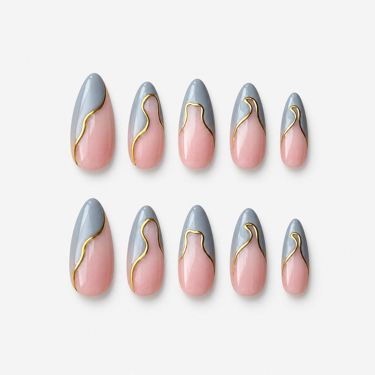 catalog: Medium almond press-on nails with a sheer pink base, grey wavy French tips and a thin gold line along each curve.