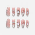 catalog: Long coffin press-on nails in sheer pink nude with silver glitter and opal stones set in fine silver outlines.