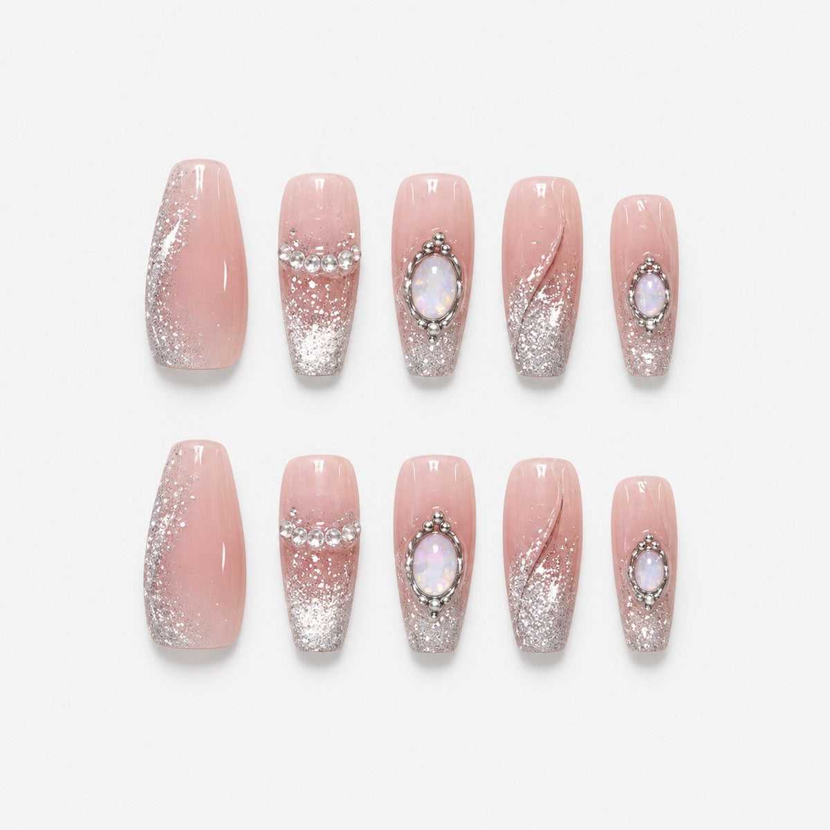 catalog: Long coffin press-on nails in sheer pink nude with silver glitter and opal stones set in fine silver outlines.