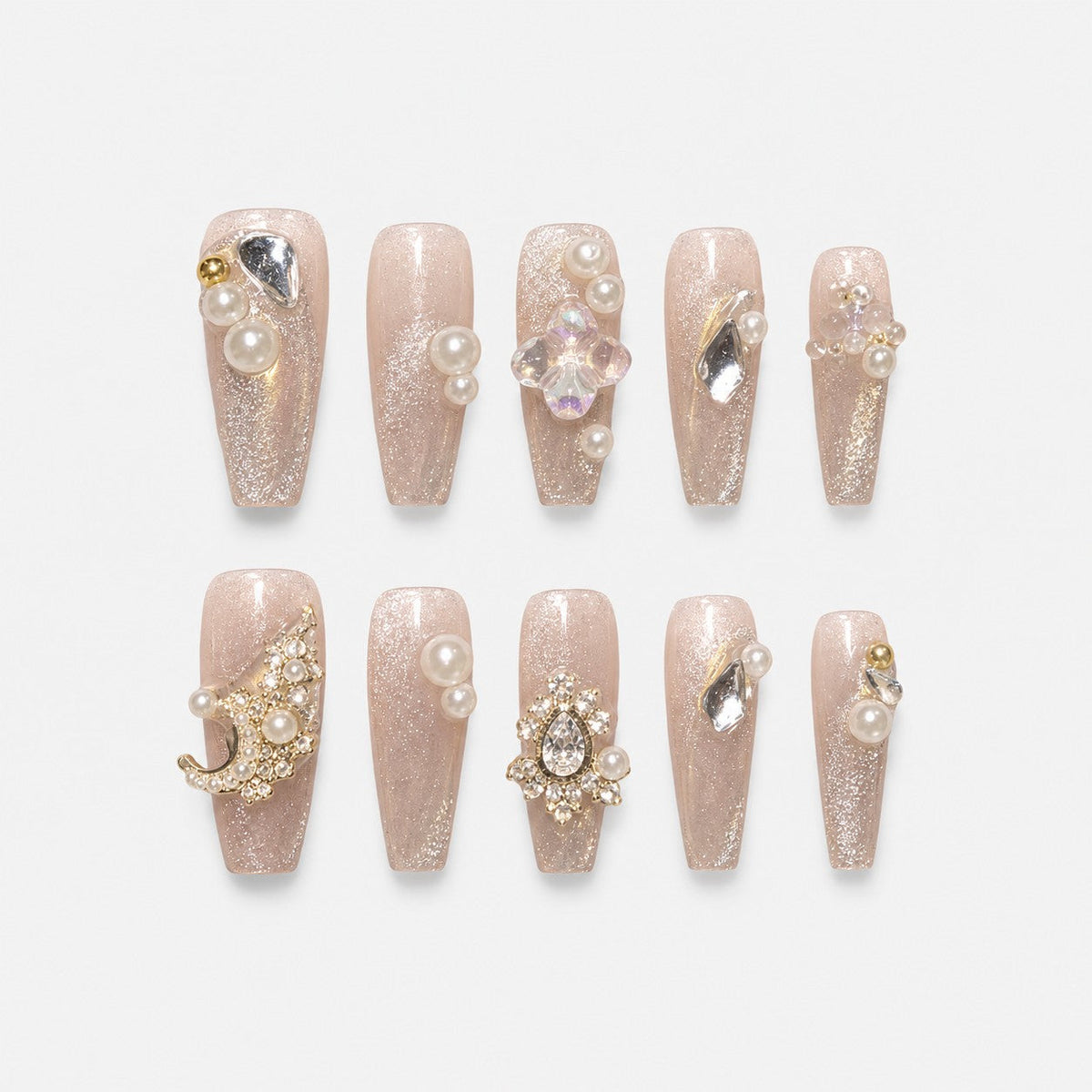 catalog: Long clear coffin nails with silvery glitter, raised cream pearls and clear faceted crystal stones.