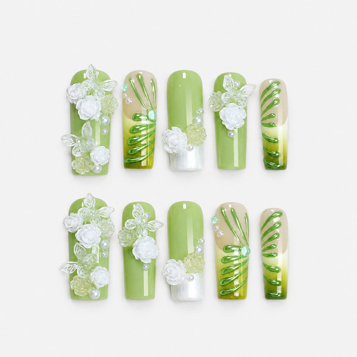 catalog: Long square press-on nails in soft green with painted emerald vines, sculpted white roses, butterflies and pearl beading.