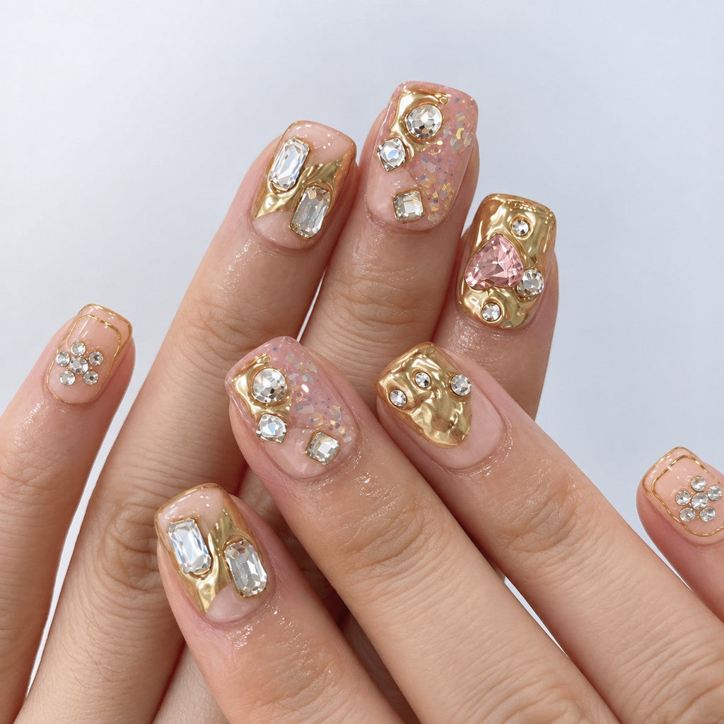 hand: Short square press-on nails in peach nude with sculpted gold foil shapes and clusters of clear and pink crystals.