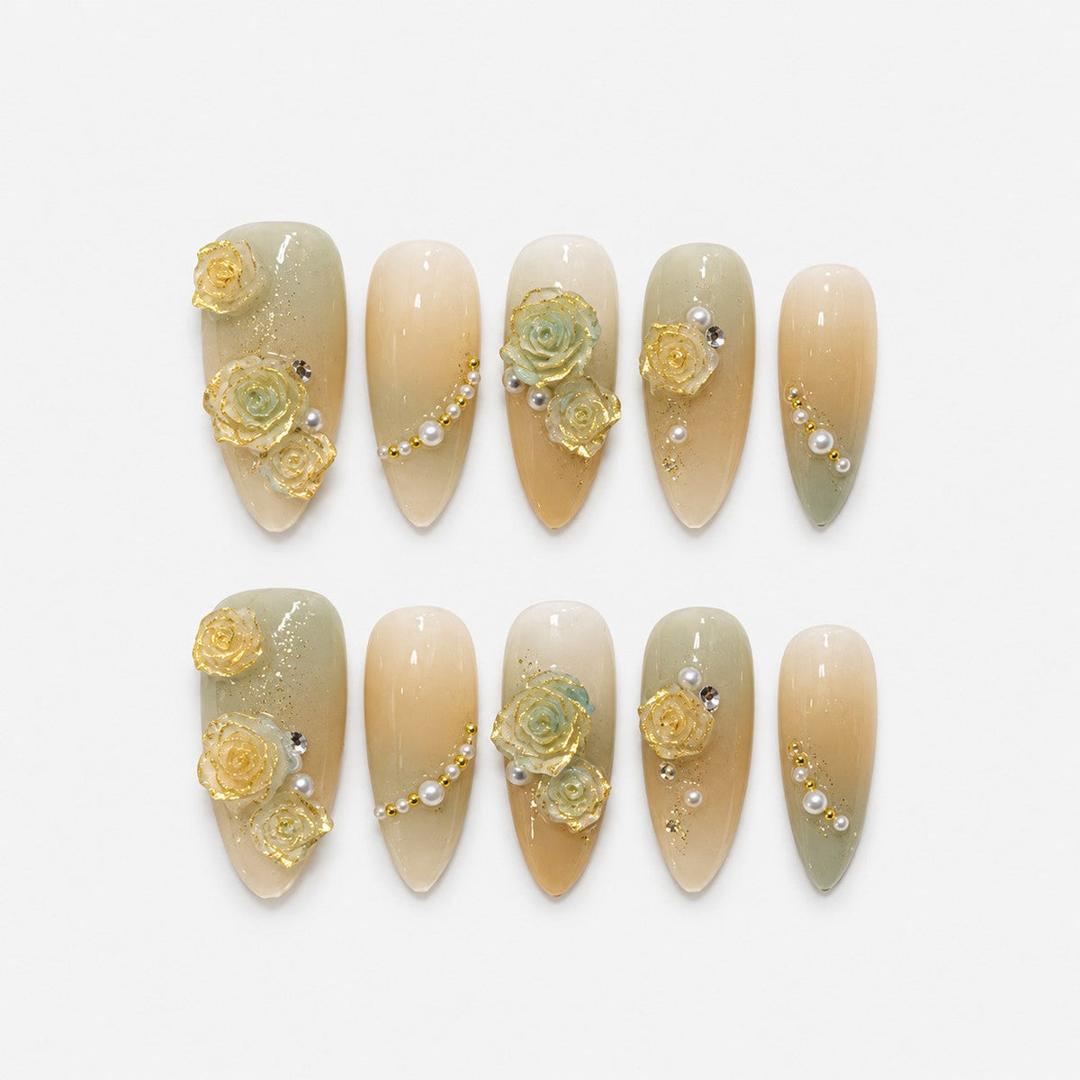 catalog: Medium almond nails in cream and pale sage ombre with sculpted yellow and mint roses, gold leaf accents and strands of ivory pearls.