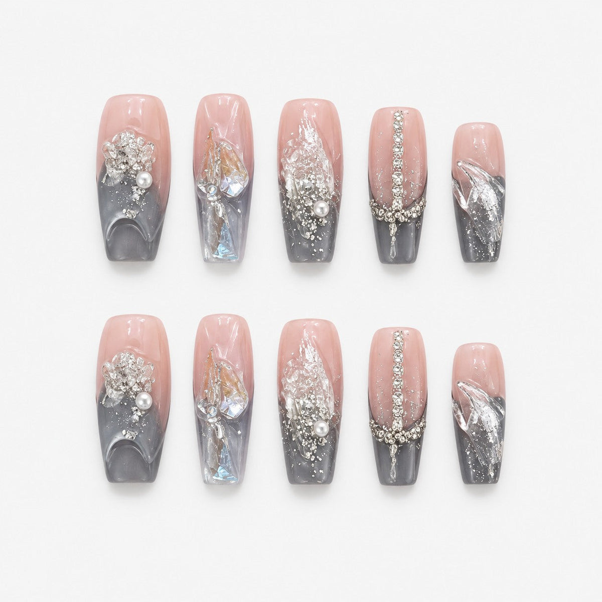 catalog: Long coffin press-on nails in smoky grey and clear with crushed silver foil and raised crystal shards.
