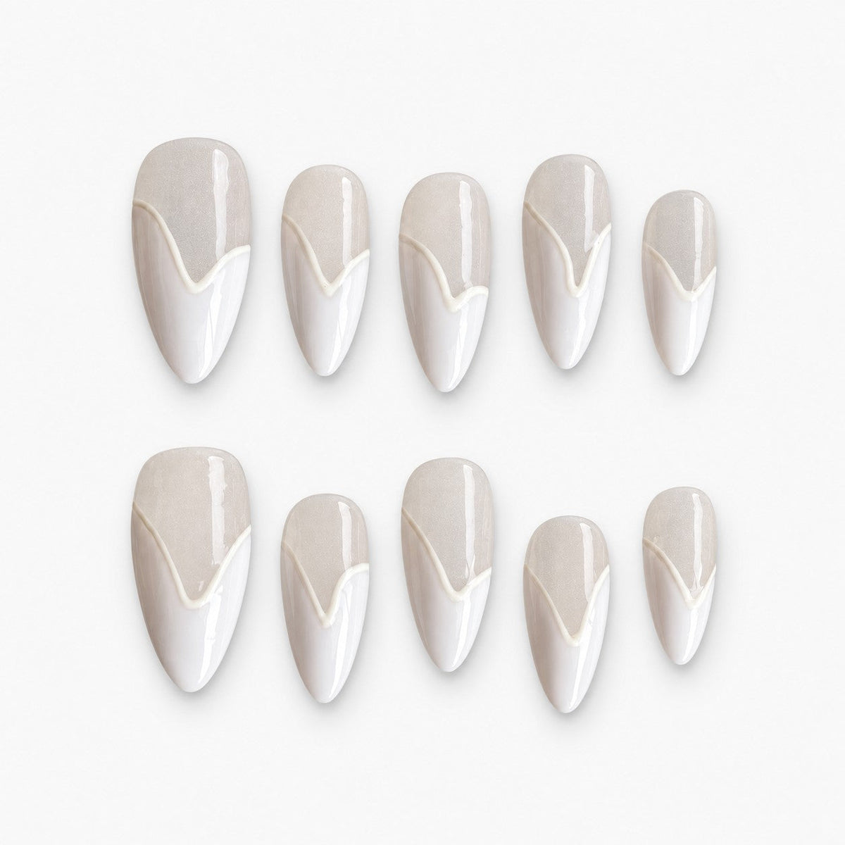 catalog: Medium almond press-on nails in pearly off-white with a raised white chevron French tip and a high-gloss finish.