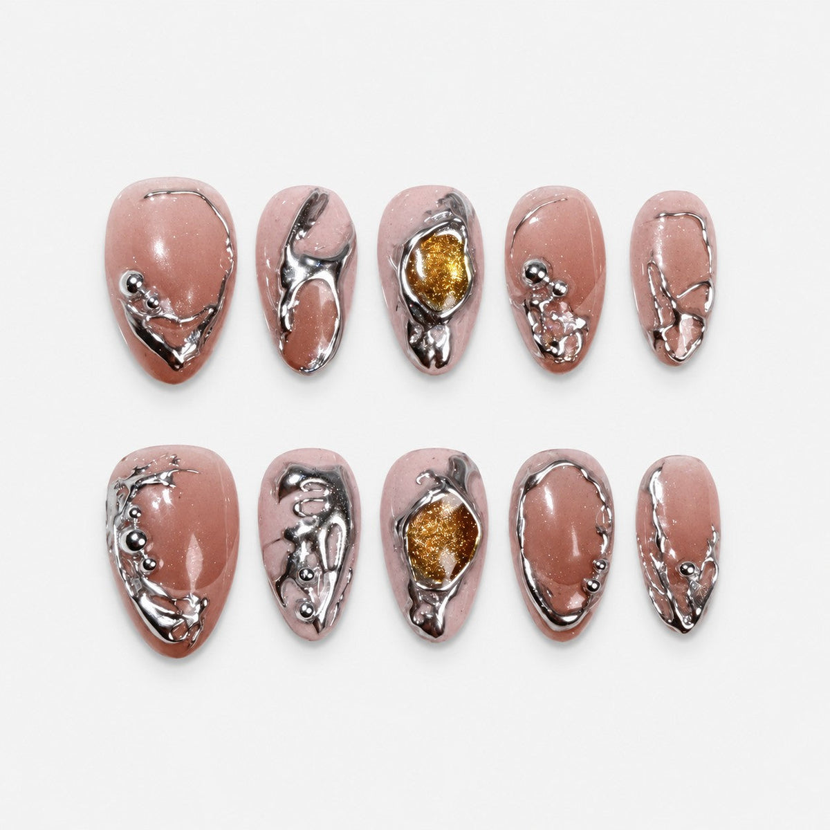 catalog: Short almond press-on set in dusty rose with raised liquid silver swirls, chrome beads and two amber-gold stones.
