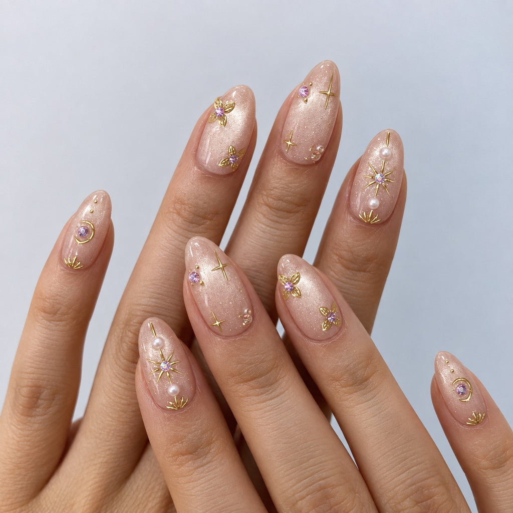 hand: Medium almond press-on nails in shimmering pearly nude with gold star linework, pearls and a lilac gemstone flower.