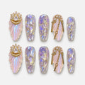 catalog: Long coffin press-on nails with opal glitter, sculpted pearly shell wings, gold chains and gold crystal crowns.
