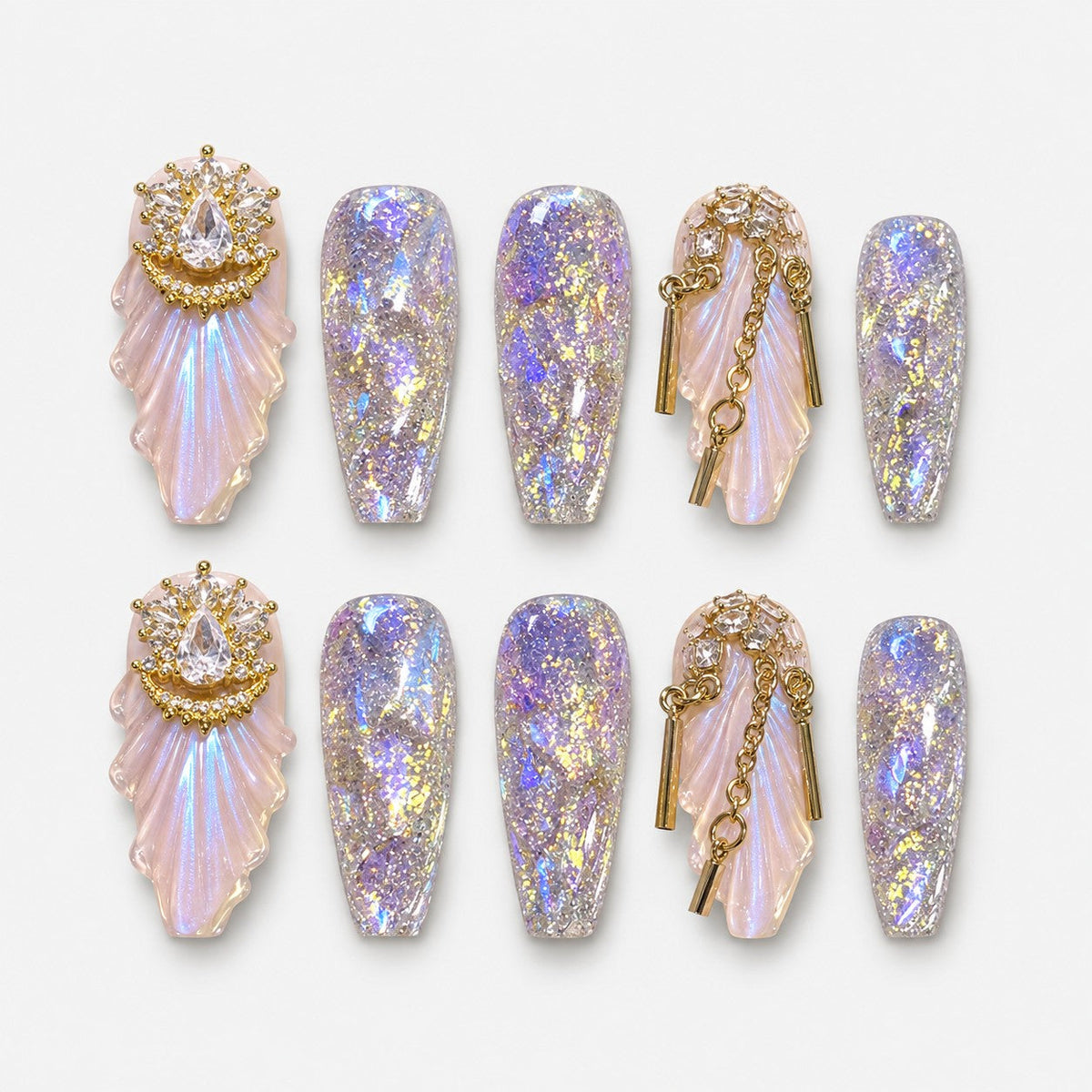 catalog: Long coffin press-on nails with opal glitter, sculpted pearly shell wings, gold chains and gold crystal crowns.