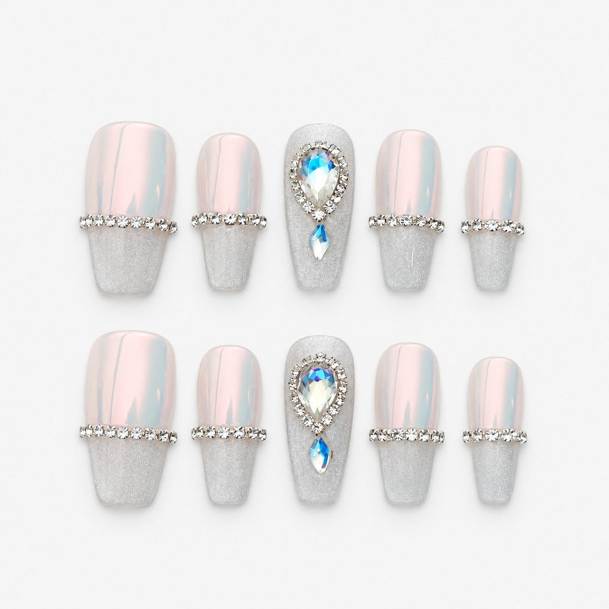 catalog: Medium coffin nails in pink opal chrome with a rhinestone band, frosted silver glitter tips and teardrop crystal accents.