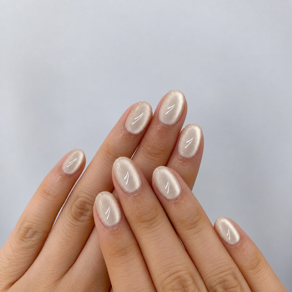 hand: Short rounded press-on nails in a creamy champagne pearl shade with a soft cat eye shimmer band across each nail.