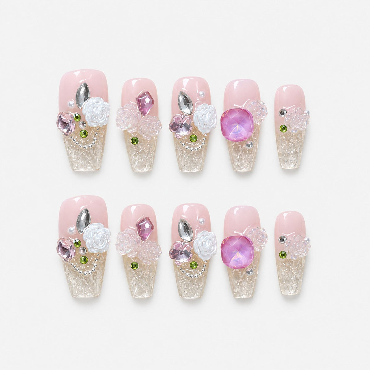catalog: Long pink and clear coffin nails with white sculpted roses, pink and lilac gems and small green beads.