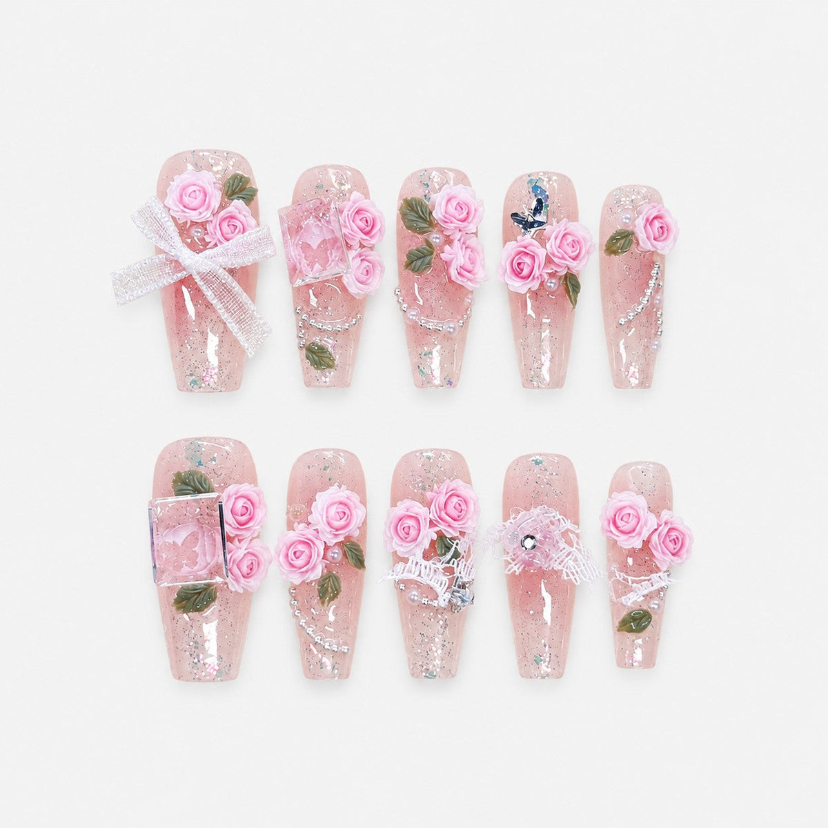 catalog: Medium coffin press-on nails with a clear pink glitter base, sculpted pink roses with green leaves, pearls and a white lace bow.