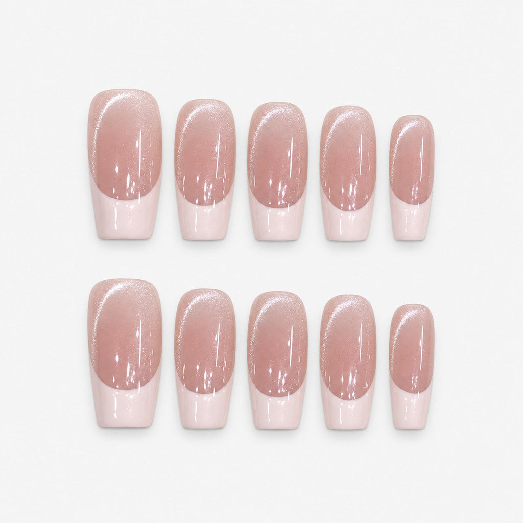 catalog: Long square press-on nails in pearly rosy nude with a milky white French tip.