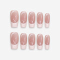 catalog: Long square press-on nails in pearly rosy nude with a milky white French tip.