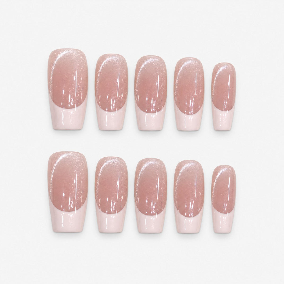 catalog: Long square press-on nails in pearly rosy nude with a milky white French tip.
