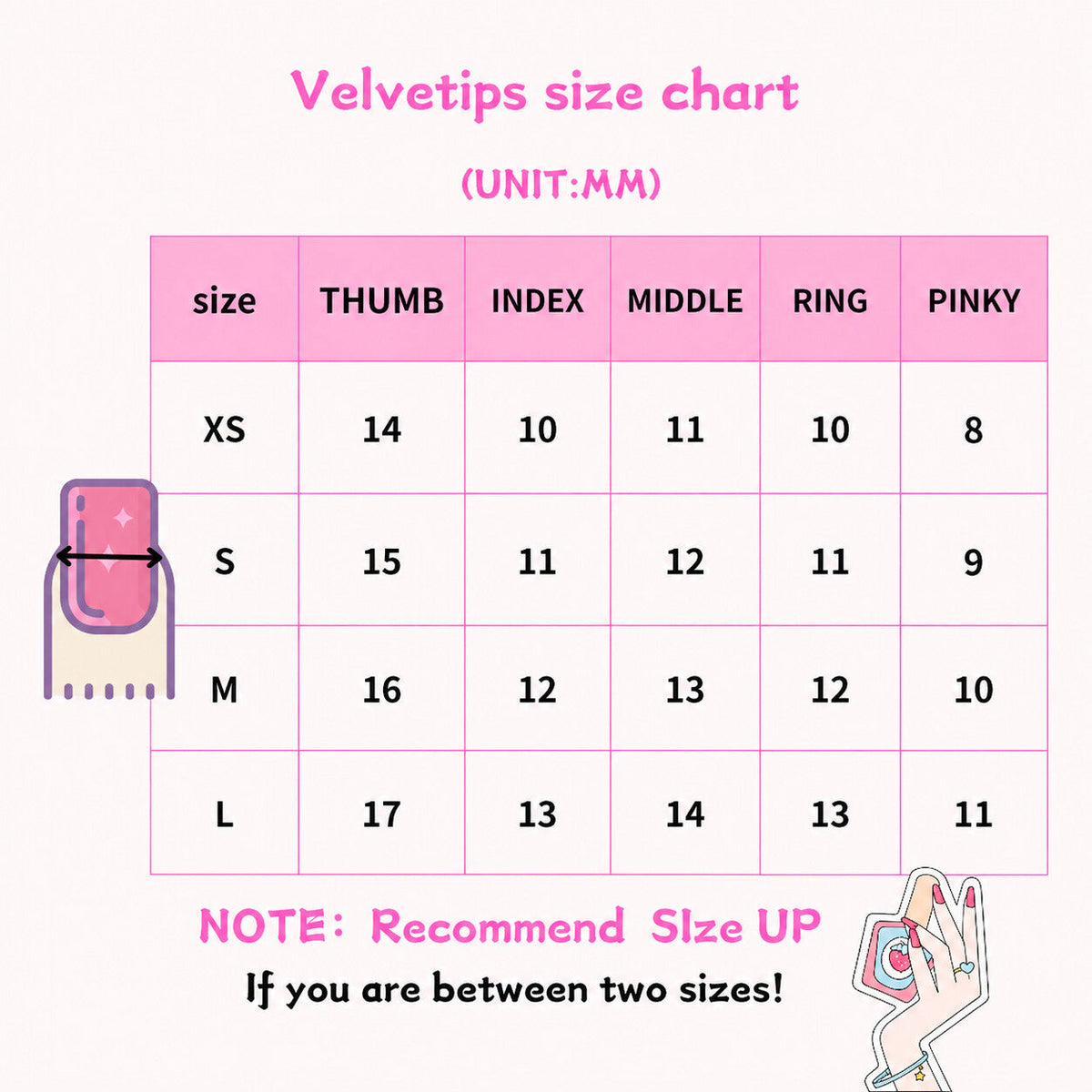 Velvetips size chart