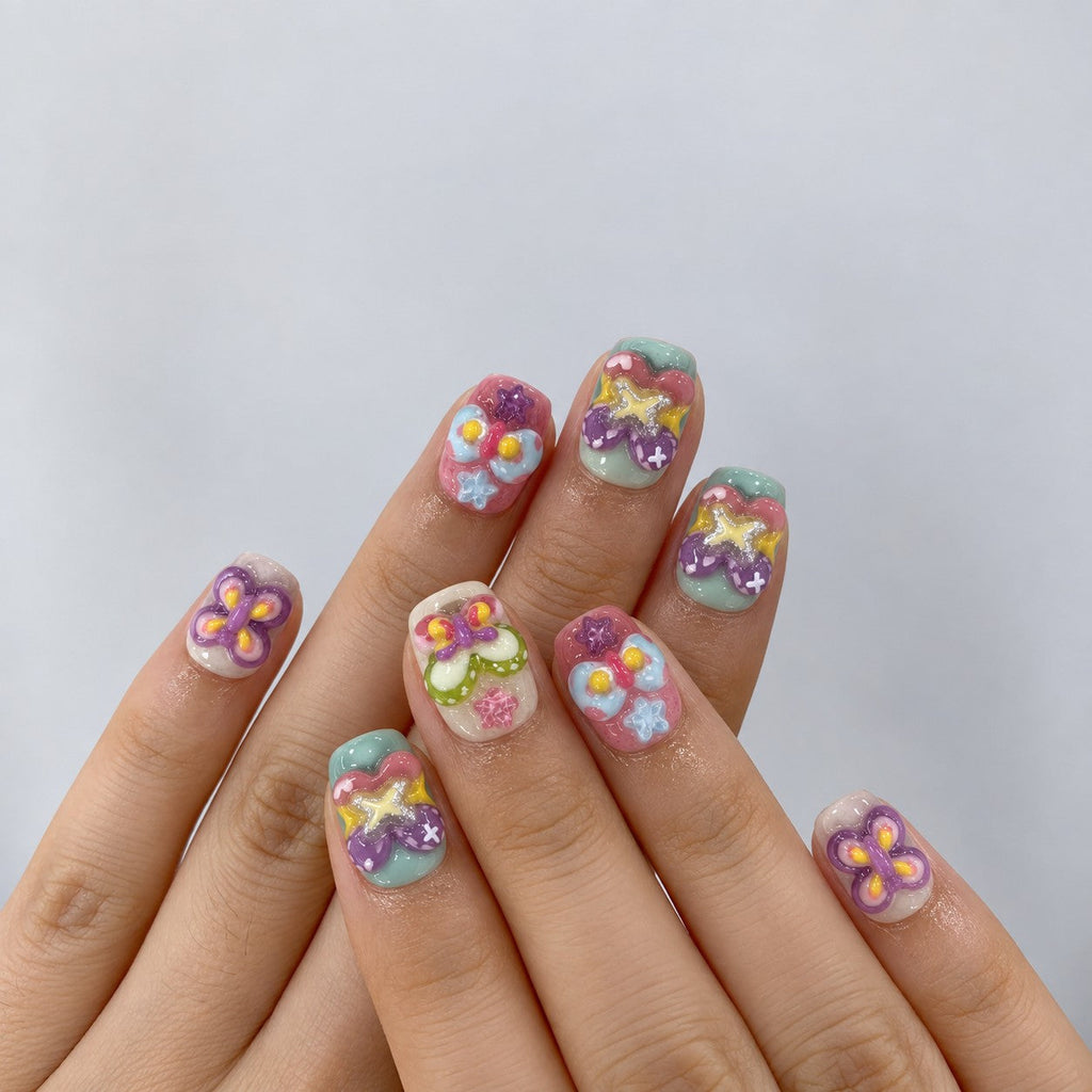 hand: Short square press-on nails with sculpted pastel butterflies and one pale bow holding a heart gem.