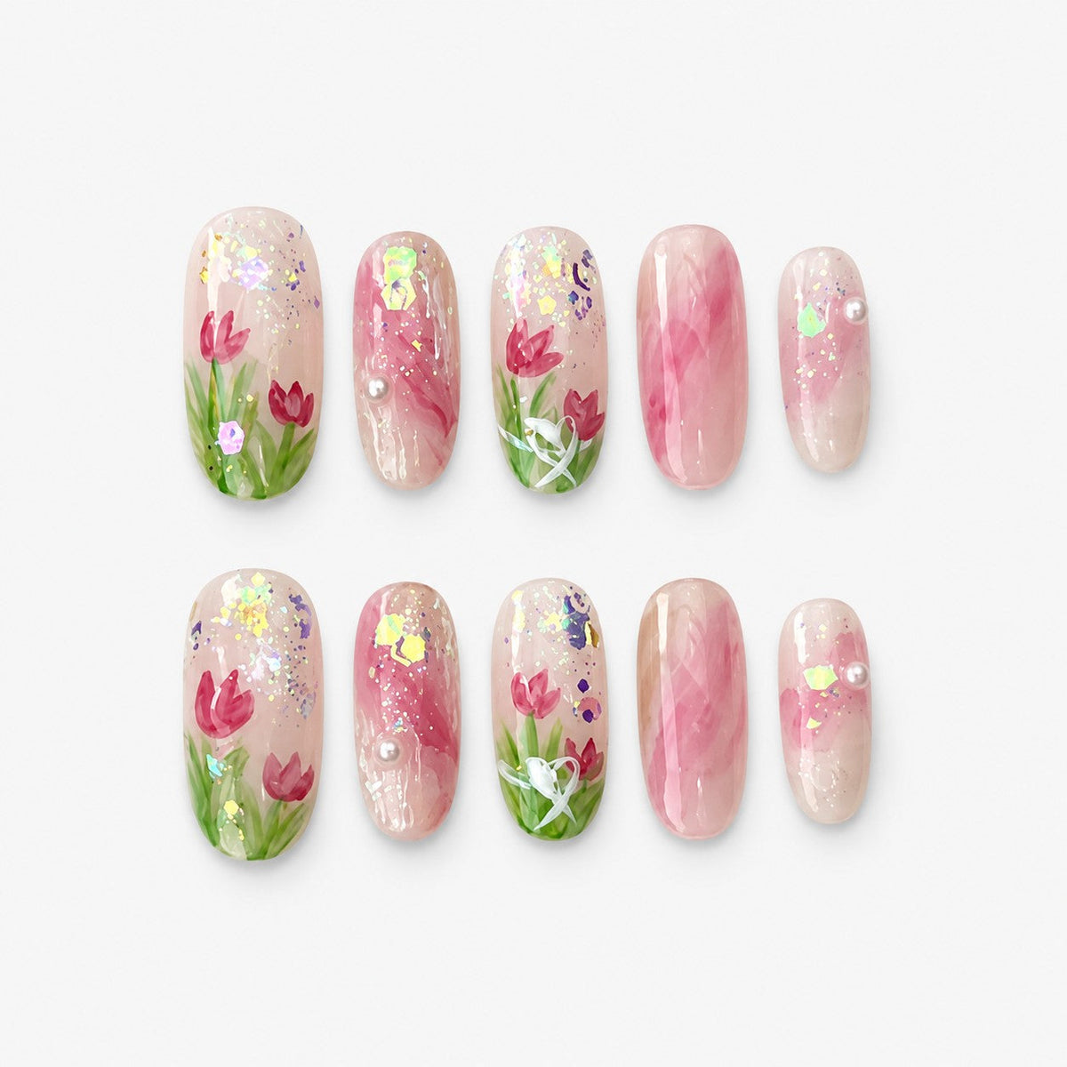catalog: Medium oval nails with a milky pink base, hand painted pink tulips with green leaves and iridescent glitter flakes.